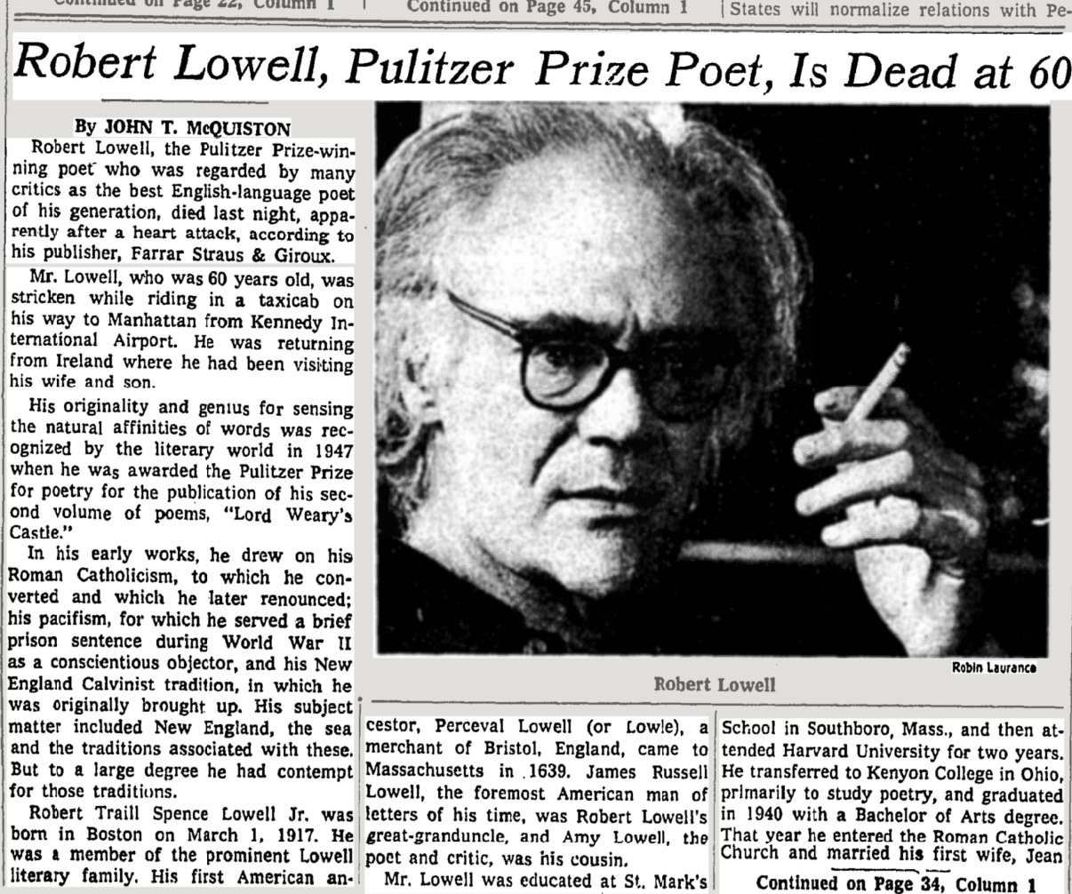 Robert Lowell Obituary: "Robert Lowell, Pulitzer Prize Poet, Dead at 60"