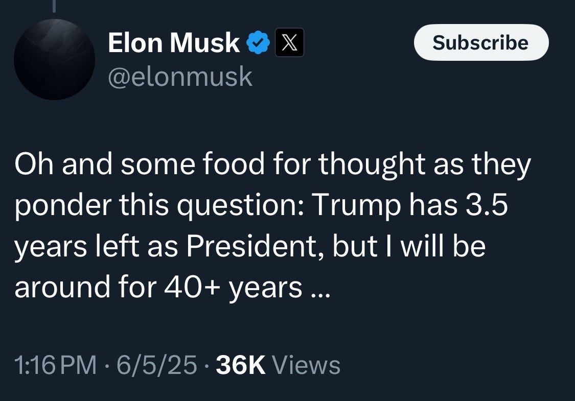 Trump has 3.5 years left as president and I'll be here 40 years Musk threatens Trump 