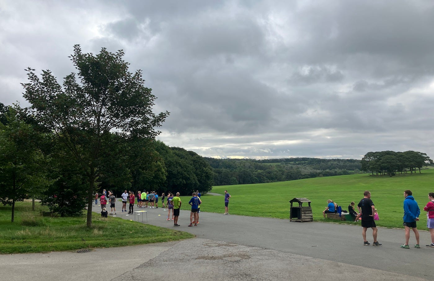 Wide view looking down the hill over the finish