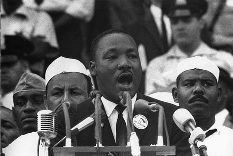 Martin Luther King speaking at the Lincoln Memorial in Washington, DC on August 28, 1963.