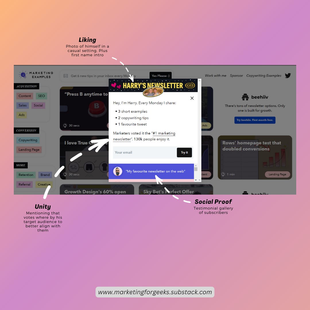 A breakdown of Harry's Newsletter's Pop-Up, showing how they use different principles of persuasion, including Liking, Unity, and Social Proof