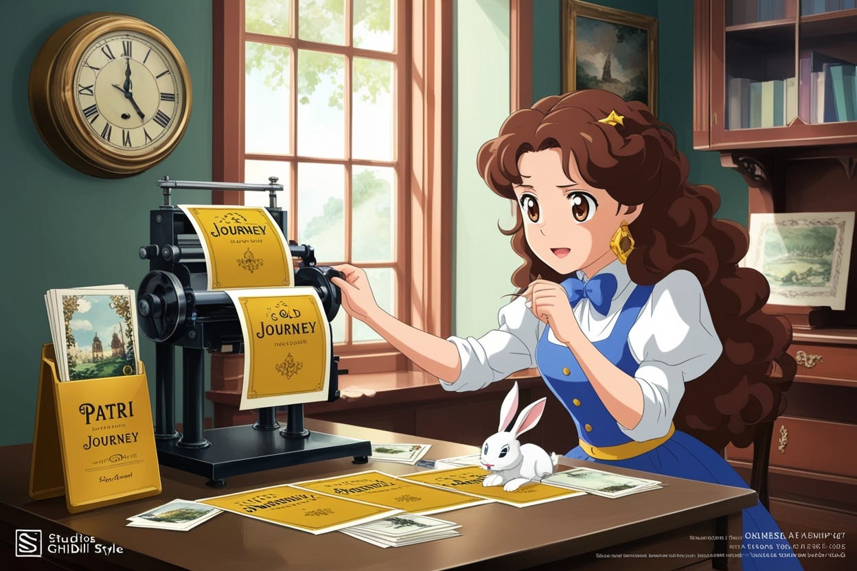 anime movie scene. Patri using a machine that prints a gold journey pamphlets, with focused expression, long curly hair with brown beautiful princess eyes. Patri is determined. She is in her house deciding which journey to do to became a wonder lead. Broken Victorian Clock attracts eye. Masterpiece. (cinematic keyframe:1.5), a thrilling movie scene , white rabbit eats one pamphlet on the table, hints of Victorian or Alice in Wonderland undertones. studios ghibli style. The composition exudes a cinematic, film-noir feel, with shallow depth of field, bokeh, and vignette effects. The bold, scene screams inspiration, anime, studios ghibli style.