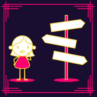 dessin stylisé en rose et jaune d'une petite bonne femme qui se trouve devant des panneaux de directions et semble se demander quel chemin prendre
