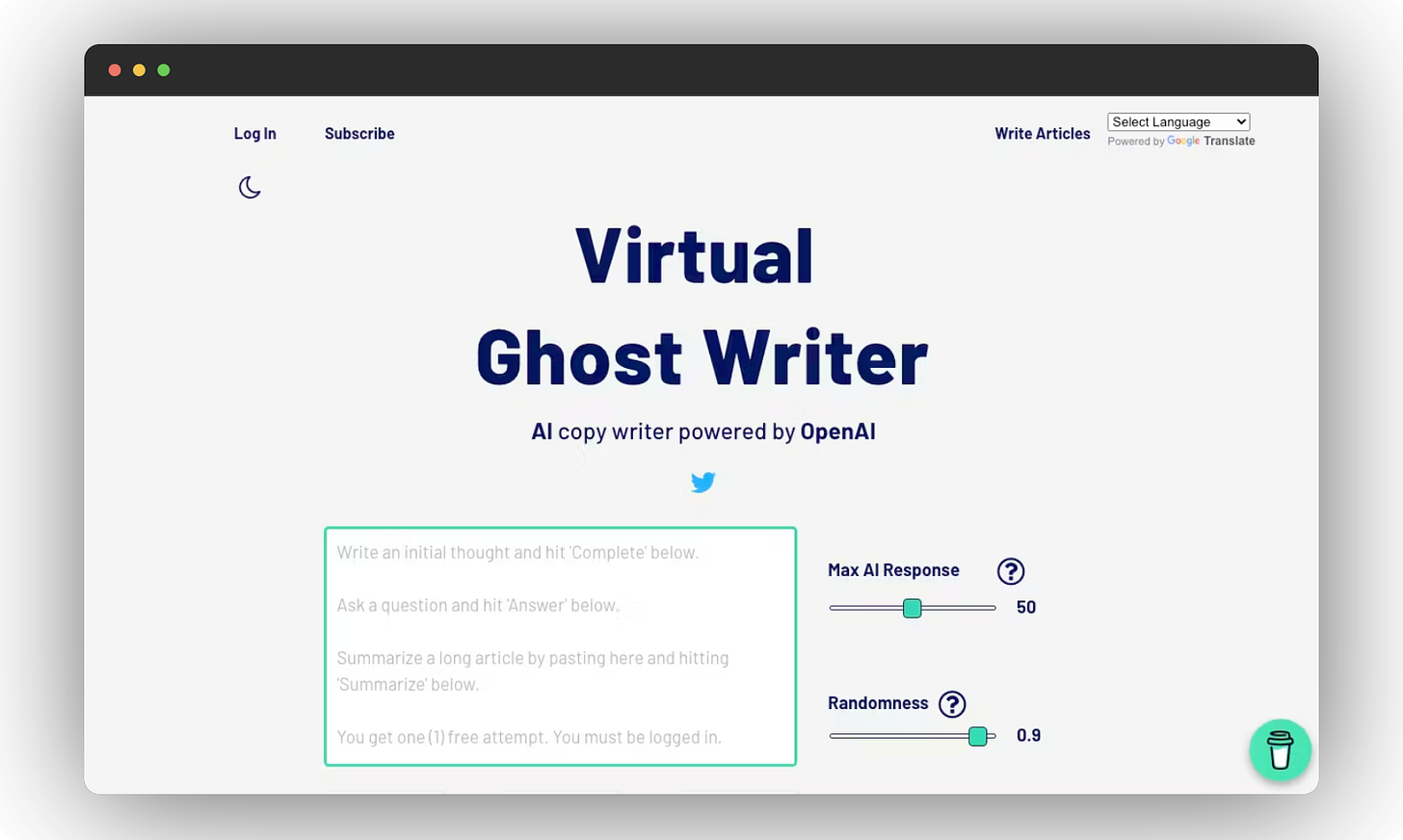 screenshot of virtual ghost writer