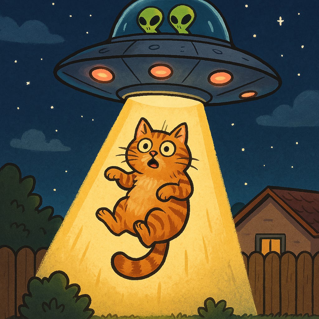 Thumbnail Image A dramatic and surreal illustration of a cat being 'kidnapped' by aliens in a humorous and cartoonish style. The scene shows a fluffy orange tabby cat being gently lifted into a hovering UFO by a beam of light, with the cat looking surprised but unharmed. The background is a night sky with stars and a small suburban backyard. The tone is lighthearted and whimsical, not dark or scary.