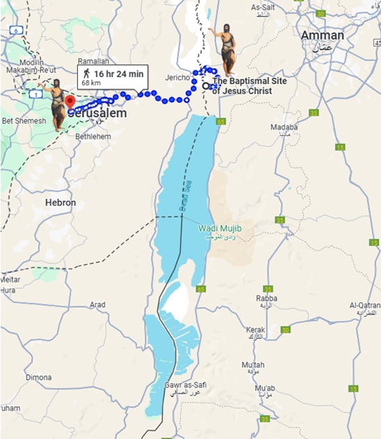 map showing john the baptist's birthplace and baptism of Jesus