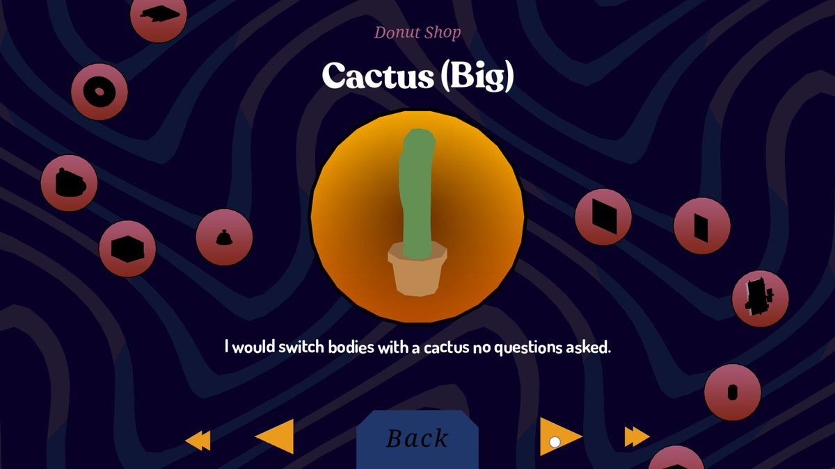A screenshot of the Trashopedia. It says: Donut Shop. Cactus (big). I would switch bodies with a cactus no questions asked.