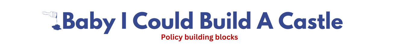 a graphic that says "baby I could build a castle" in blue with "policy building blocks" under it in red. On the left, there is a drawing of a paintbrush dripping blue paint