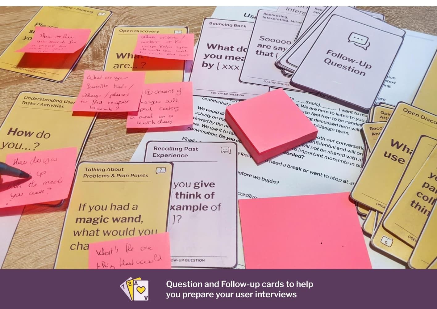 Questions and follow-up cards to help you prepare your user interviews.