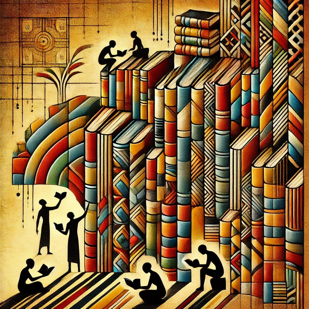 An abstract illustration in the style of Diana Ejaita, depicting a bookshelf in Africa. The artwork features bold geometric patterns and striking contrasts, with books appearing like vibrant woven fabrics stacked in an organic, rhythmic flow. Silhouettes of African figures interact with the books, some reaching for knowledge while others sit in contemplation. The background is textured with rich, warm tones, evoking the essence of African storytelling and literature. The scene conveys both the scarcity and richness of books on the continent, blending modern and traditional elements in a symbolic, artistic representation.