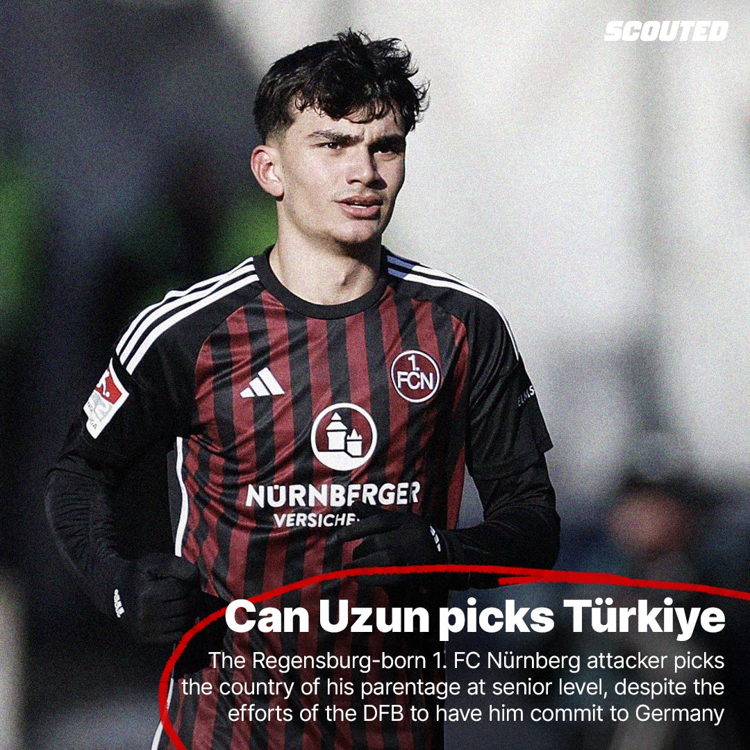 A photo of Can Uzun in a maroon-and-black striped 1. FC Nürnberg kit, with text overlayed onto it in the bottom-right corner which reads:  "Can Uzun picks Türkiye – The Regensburg-born 1. FC Nürnberg attacker picks the country of his parentage at senior level, despite the efforts of the DFB to have him commit to Germany"  Uzun is wearing black underskins and gloves. The text is circled in a red pen-type shape. There's a white 'SCOUTED' logo in the top-right corner.