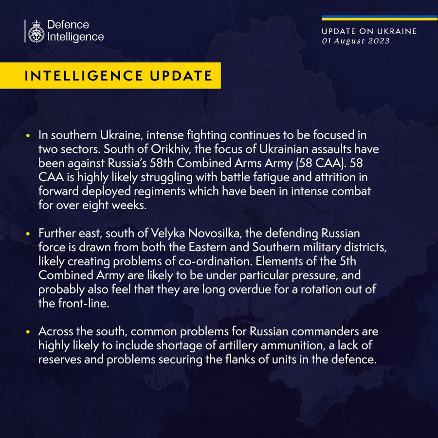 Latest Defence Intelligence update on the situation in Ukraine - 1 August 2023.
