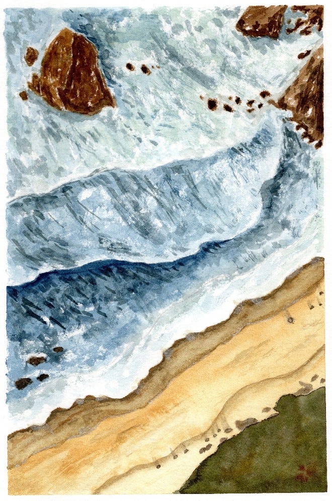 a watercolor painting of foaming waves against a sandy beach, with rocks jutting out of the water.
