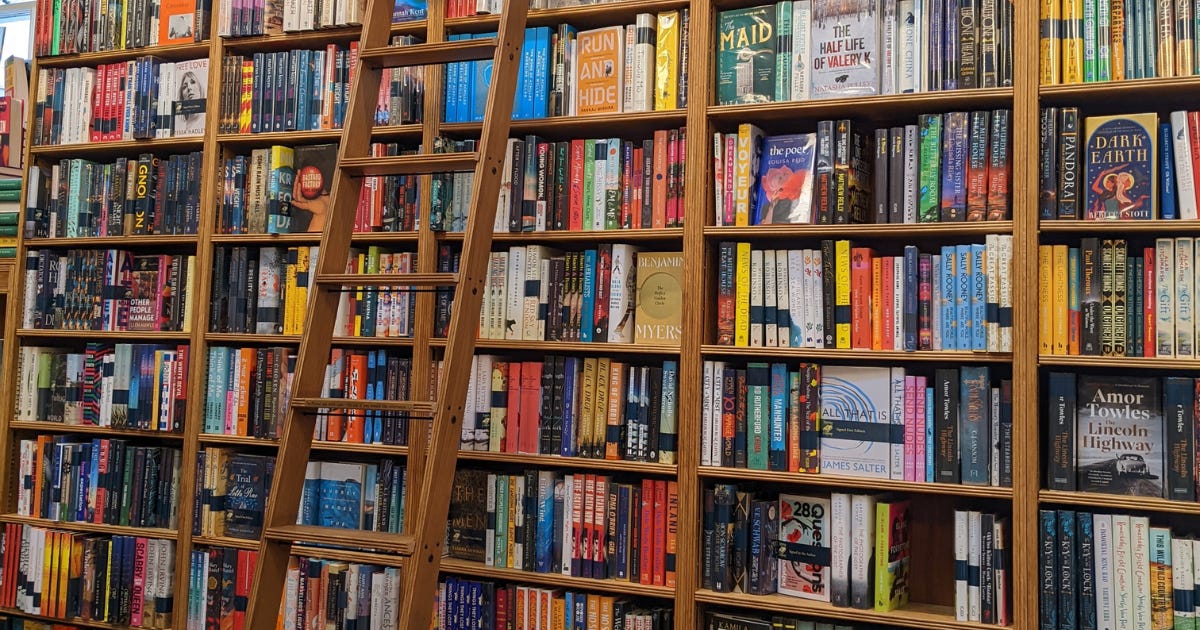 A ladder leaning against a wall of bookshelves in a bookshop