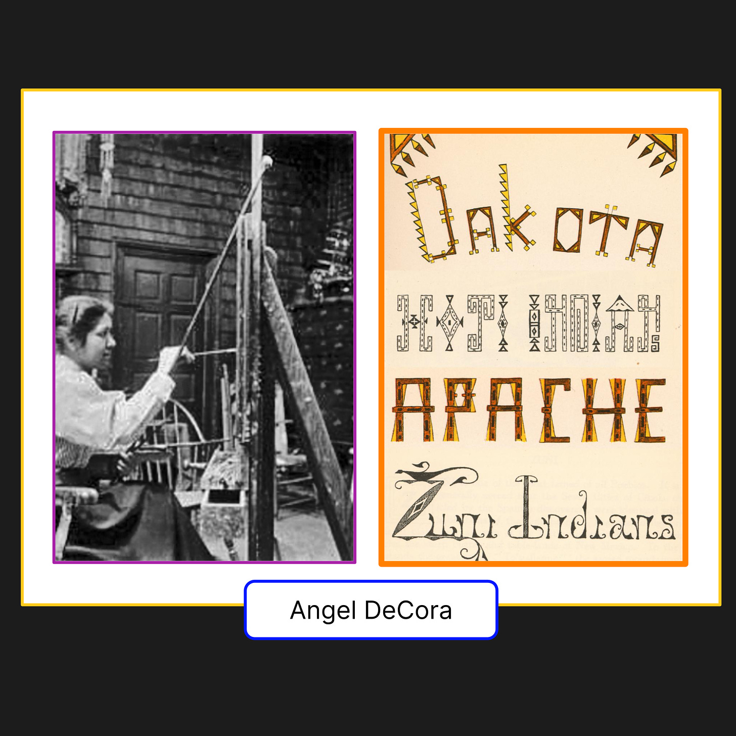 (left) An old black-and-white photo of Angel DeCora, a young American Indian woman, at her easel. Her dark hair is pulled back and she wears a white blouse and dark skirt. (right) Lettering from the Indians’ Book, illustrated names of tribes designed to reflect their aesthetics. 