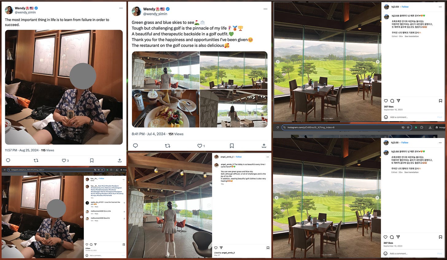 screenshots of @wendy_simin posts containing real photos, and screenshots of the original Instagram posts the photos are plagiarized from