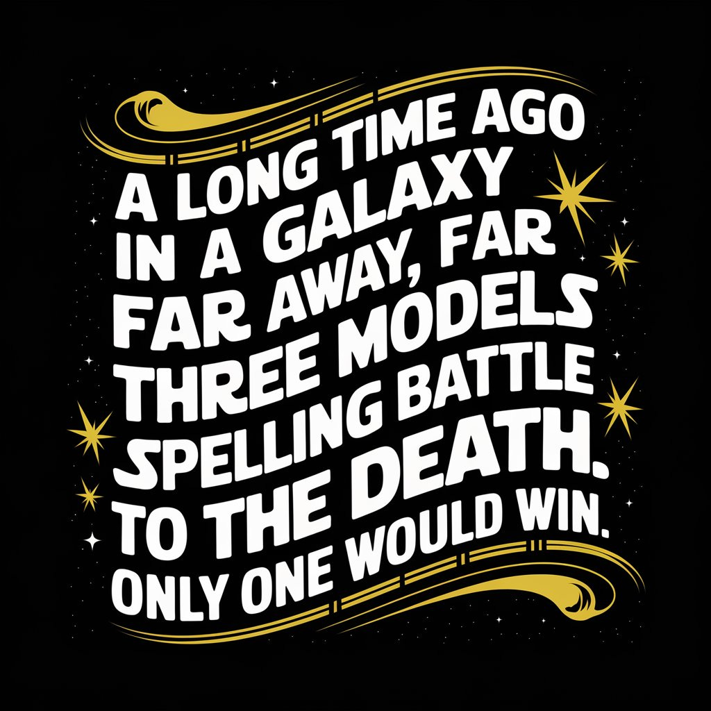 Yellow scrolling text against a black background: "A long time ago in a galaxy far, far away, three models fought a spelling battle to the death. Only one would win." by Ideogram