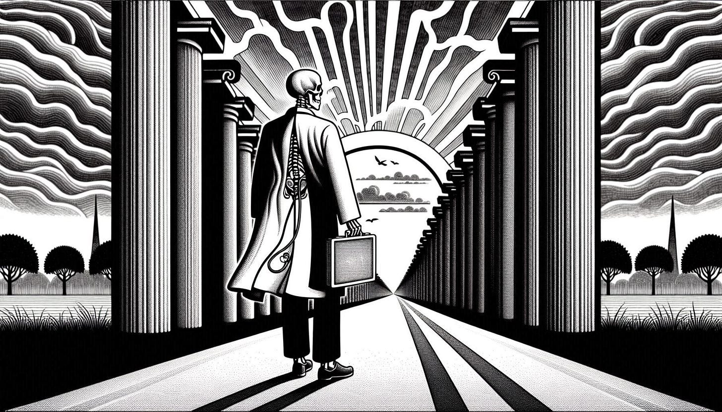 drawing of a skeleton doctor walking down a road lined with pillars towards a horizon in black and white art deco style. Image 1 of 4