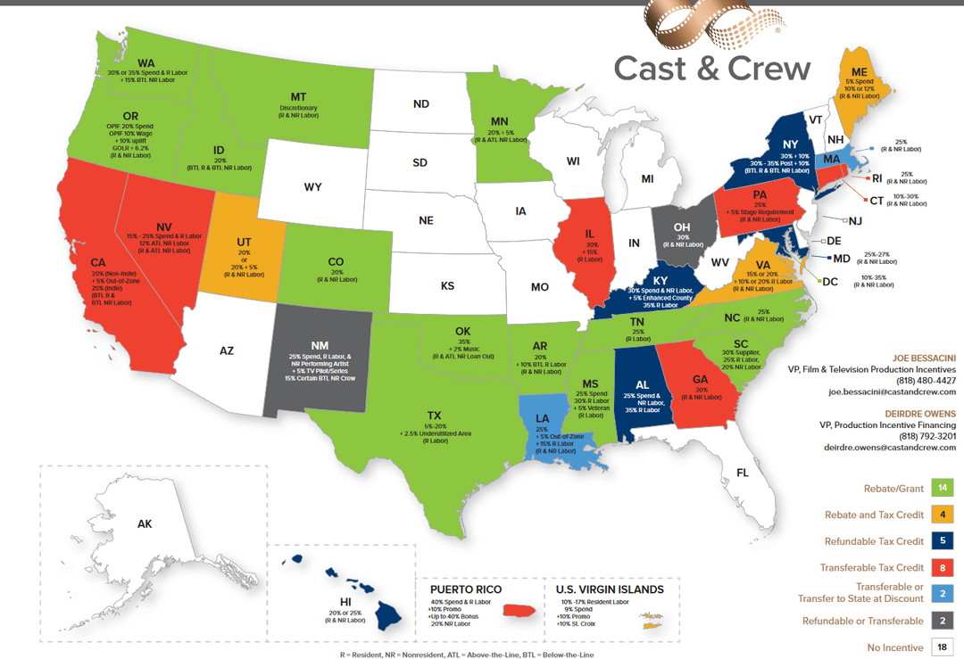 Map of US States with Tax Credits and Rebates for Film Production :  r/MapPorn