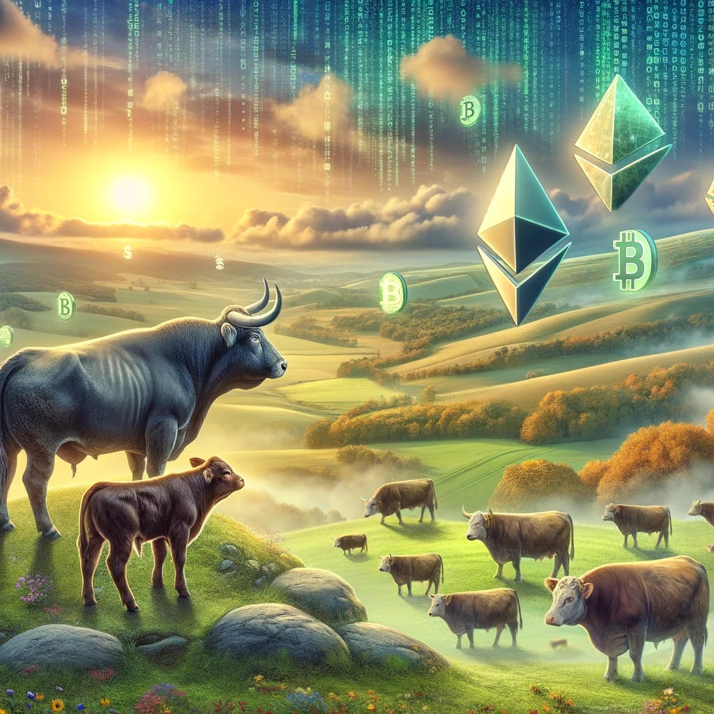 An old bull and a young bull stand on top of a hill, gazing down at a lush valley below where several symbols of cryptocurrencies like Bitcoin and Ethereum are scattered around like grazing cows. The old bull, embodying wisdom and patience, appears calm and composed, while the young bull, symbolizing eagerness and impulsiveness, looks ready to charge down the hill. The landscape combines elements of a traditional pastoral scene with futuristic digital symbols, blending the natural with the technological to create a metaphorical representation of investment strategies in the crypto market. The sky above is a mix of dawn and digital matrix code, suggesting the dawn of a new era in finance and the digital nature of cryptocurrency investments.