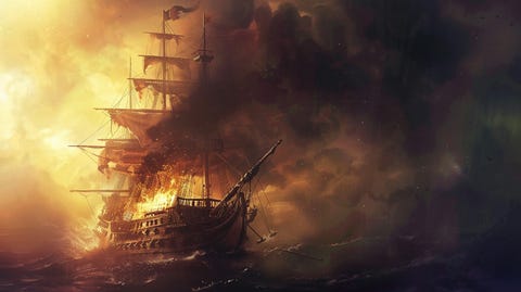 Artwork about a pirate ship in fire after a battle.