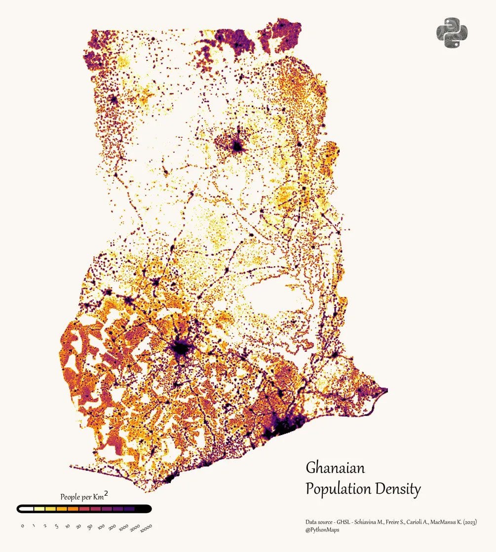 A map of Ghana, showing huge population density in the cities and along the southern coast