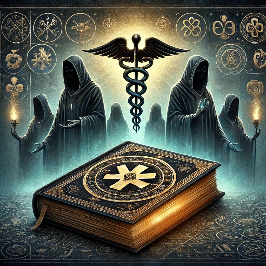 A square image representing a mysterious and ominous atmosphere for 'Cult of the Medics'. The image should feature dark, shadowy figures in the background. Incorporate medical symbols like the Maltese cross, the caduceus (staff with snakes), and ancient script or hieroglyphics subtly integrated. Highlight an ancient book or scroll in the foreground, partially open, with glowing symbols. The color scheme should include dark blues, blacks, and hints of gold to convey a sense of deep history and secrecy. No text.