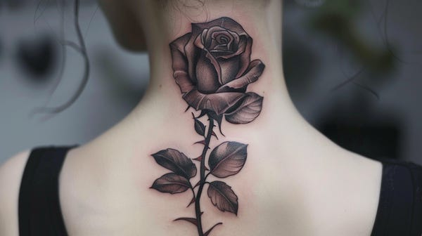 Amazing rose on neck tattoo on a beautiful woman's skin. Intricate rose tattoo design and astonishing inking.
