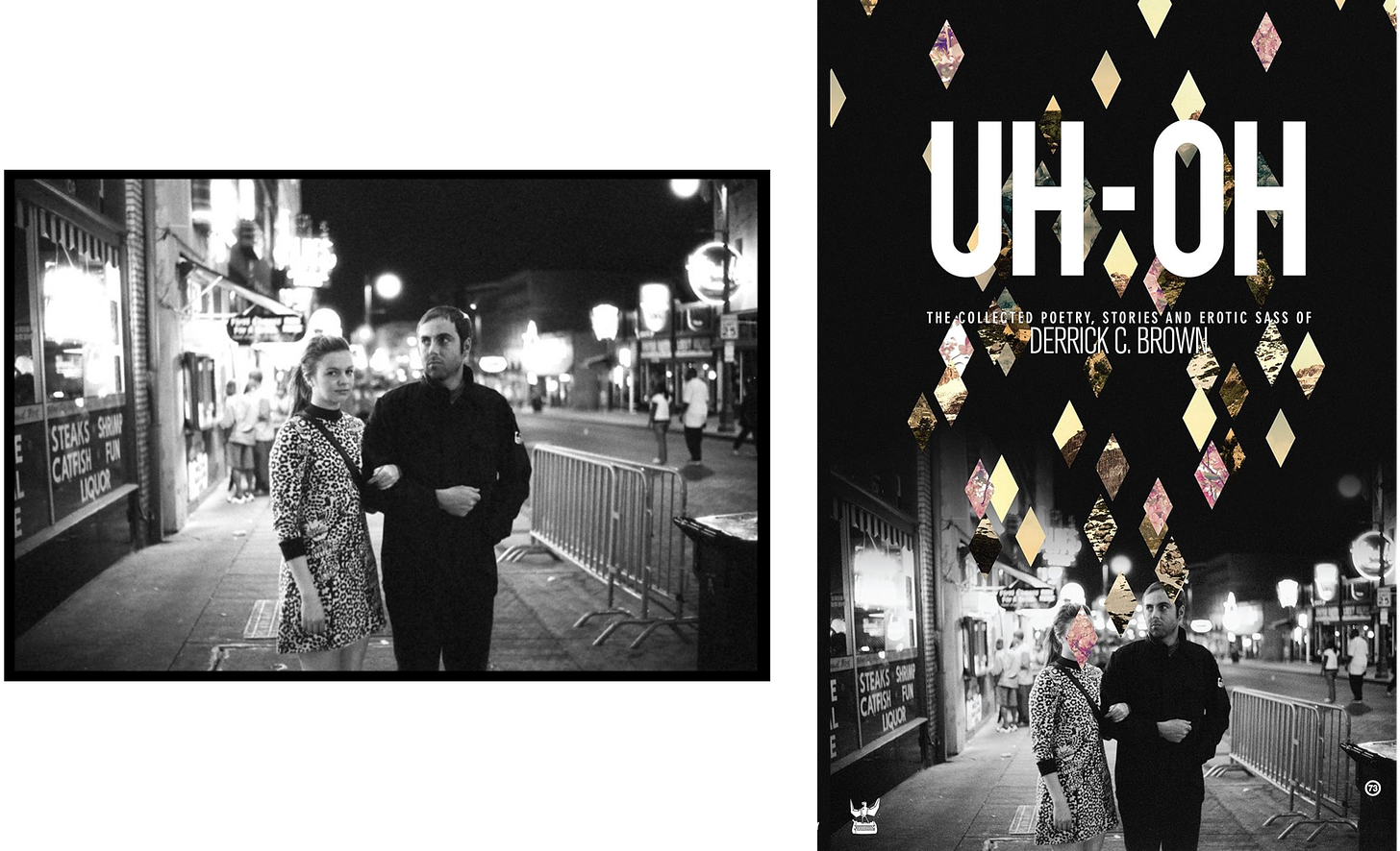 Left, a black-and-white photo of Amber and Derrick arm in arm standing on a sidewalk.  Right, the same photo has been turned into a book cover for "Uh-Oh" by Derrick C. Brown. Amber's face is now covered with one of many shiny diamond shapes that have been added to the image.