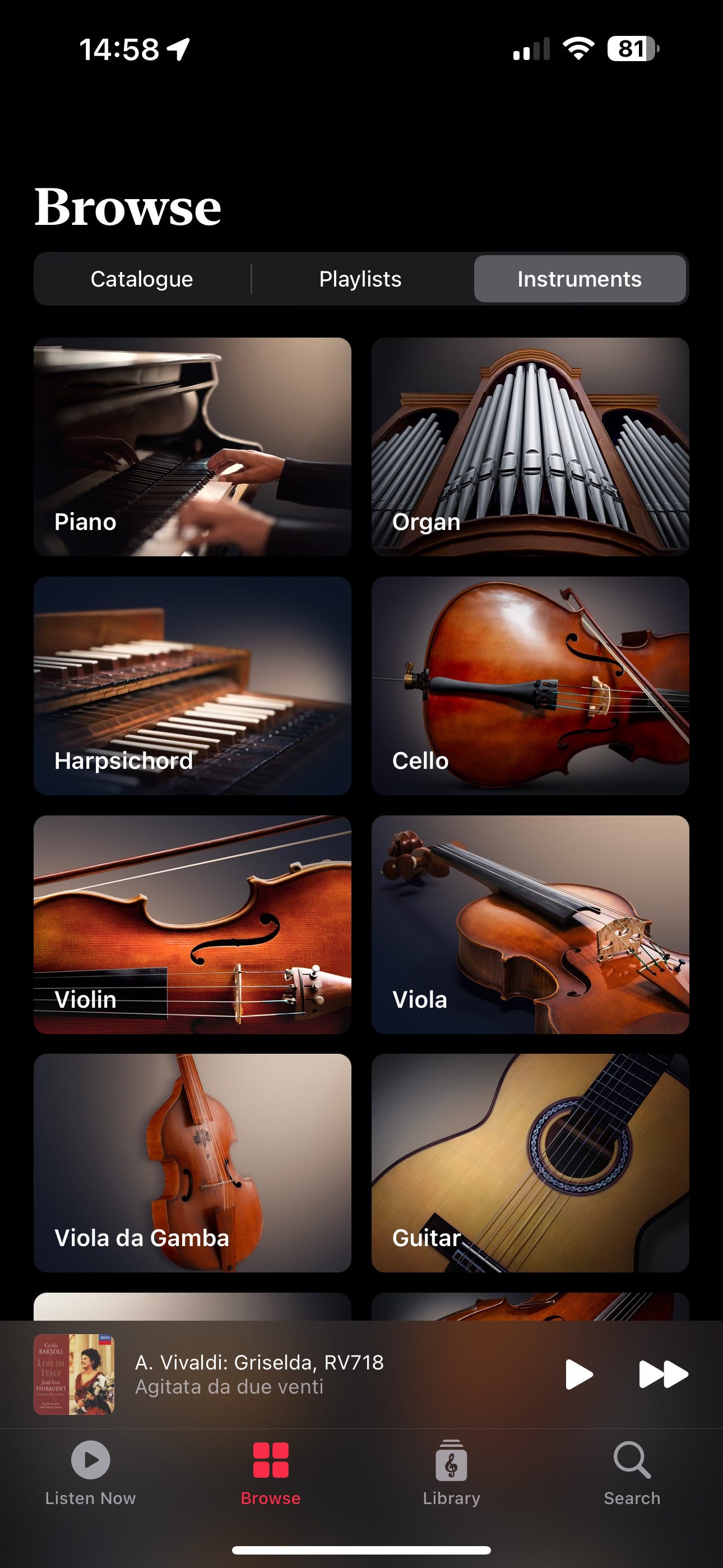 Apple Music Classical’s Browse page displaying the Instruments tab. (iPhone version, Dark Mode)