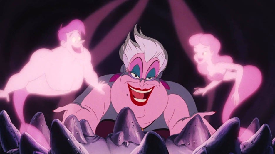 Scene from The Little Mermaid in which Ursula looks over two conjured images of merpeople, including a muscular mer-man and a thin mer-woman