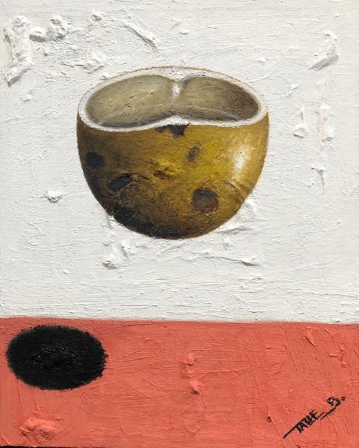 Painting by Talle Bamazi, calabash against a pale tan background above dark pink