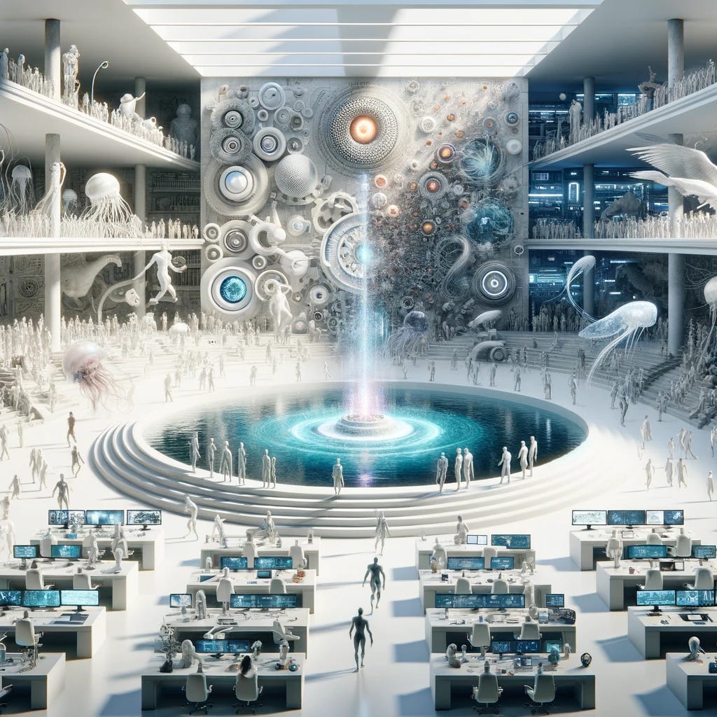 Combine the concept of a modern, messy senate chamber, representing cognitive functions, with the theme of evolution from a jellyfish to humans, all within an ancient-futuristic and timeless setting. This scene is a dynamic representation of evolutionary progress, depicted in a large, open space that transitions from an underwater world at one end, symbolizing the origins of life as a jellyfish, to a bustling, futuristic cityscape at the other, representing the pinnacle of human achievement. The 'senators' are a diverse array of characters, each embodying a stage of evolutionary development, from simple aquatic creatures to advanced human forms, engaged in debate and decision-making. The chamber itself is filled with artifacts and technology that span the ages, from primordial ocean elements to advanced holographic displays of human innovation. The entire composition is rendered in lighter, whiter tones, maintaining an ethereal quality, with elements of organized chaos that reflect the complexity and multifaceted nature of evolution and consciousness.