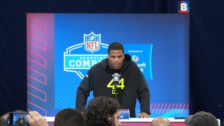 Feb 27, 2025; Indianapolis, IN, USA; Penn State defensive lineman Abdul Carter (DL44) during the 2025 NFL Scouting Combine at the Indiana Convention Center.  