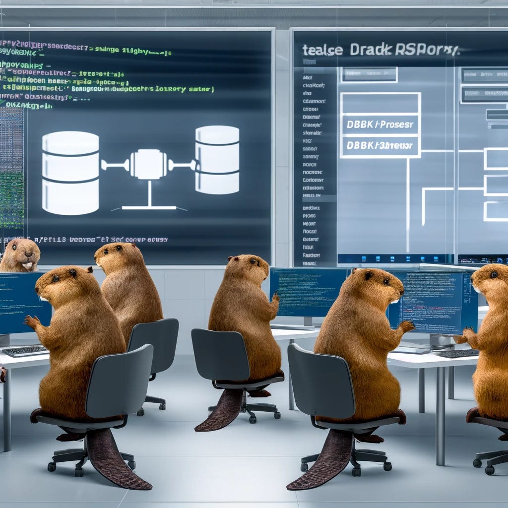 An engineering team composed of beavers working diligently in a modern data center. They are implementing database sharding and developing a DBProxy, surrounded by screens displaying complex diagrams and codes. The environment is bustling with activity, highlighting the beavers' teamwork and innovation in tackling technical challenges.