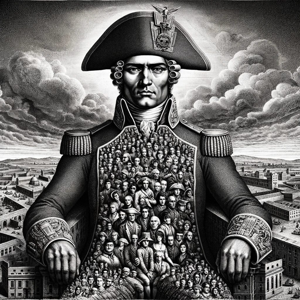 A reinterpretation of the frontispiece of Thomas Hobbes' Leviathan by Abraham Bosse, updated with a modern twist. The central figure is a modern general, dressed in a uniform with a military hat, symbolizing the Leviathan. This figure is composed of numerous smaller faces, representing a diverse range of people of various ethnicities and ages, symbolizing the populace. The background echoes the style of the original etching, featuring a detailed landscape with both urban and rural elements. The image retains the powerful and complex theme of the original, illustrating the concept of a unified state.