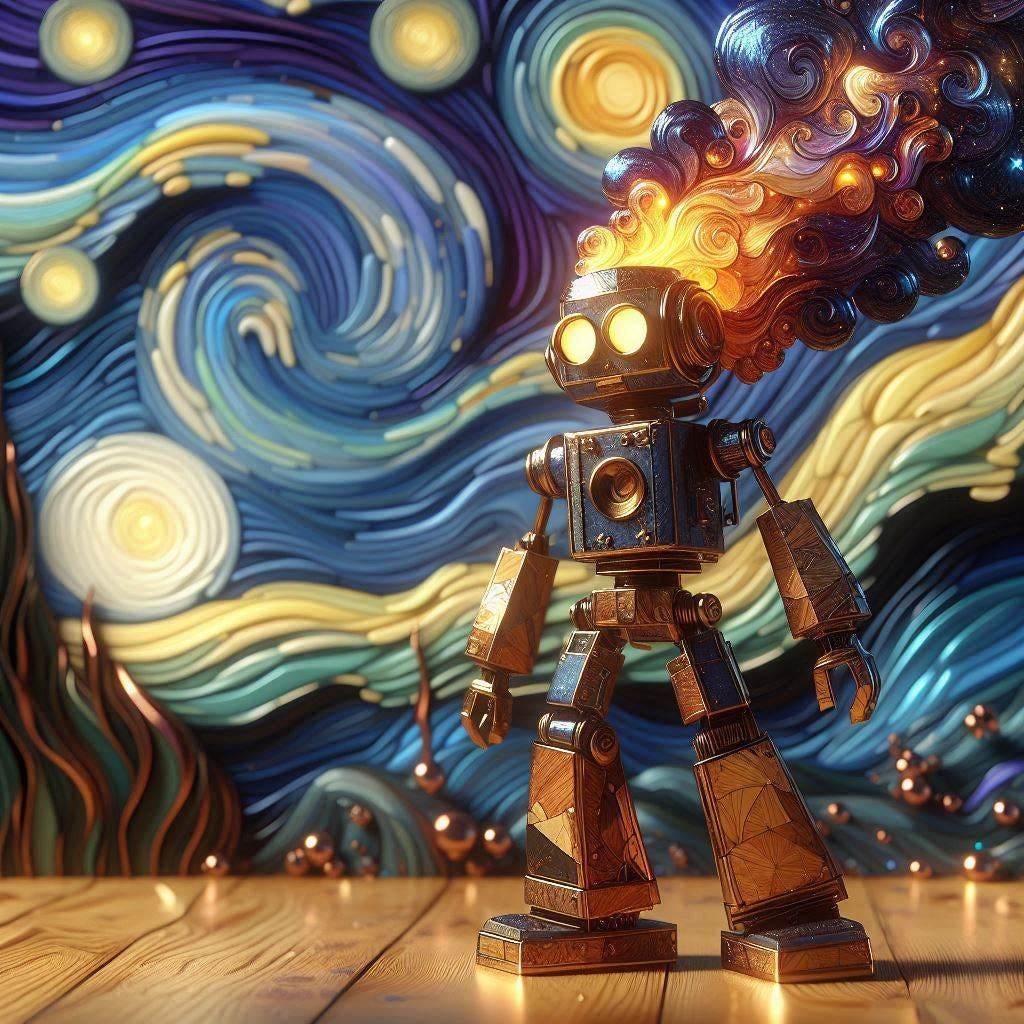  5d angle glass leaf with with a small fire in it over image of  Birchwood/rosewood burnished metal robot modeling angst for camera. His clothes are made of black and purple starry night/ water in resin/soft, beautiful/honey-wood and copper/Marquetry,verdigris. mountain / fluffy cloud floating low in foreground / honey-gold-swirl/surrounded by copper leaves.REFLECTED/ Inspired by style of Jeffrey Catherine Jones /swirling clouds under moon.black starry sky / love/ bliss