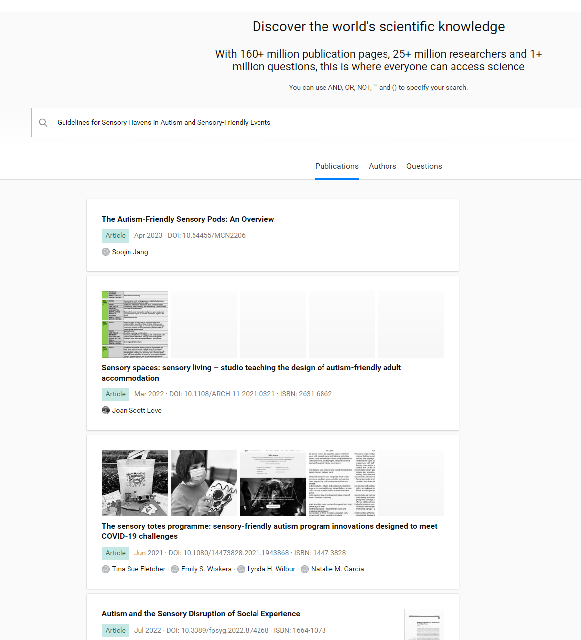 screenshot of a ResearchGate search for "Guidelines for Sensory Havens in Autism and Sensory-Friendly Events." The top result is a different article.
