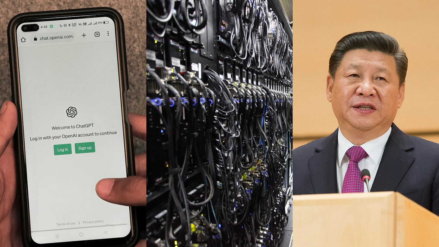 ChatGPT, interior of a data center, Chinese President Xi Jinping ChatGPT, interior of a data center, Chinese President Xi Jinping