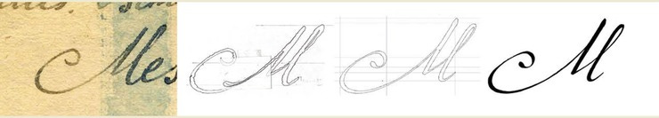 Original scan, original tracing, glyph outline and final M in P22 