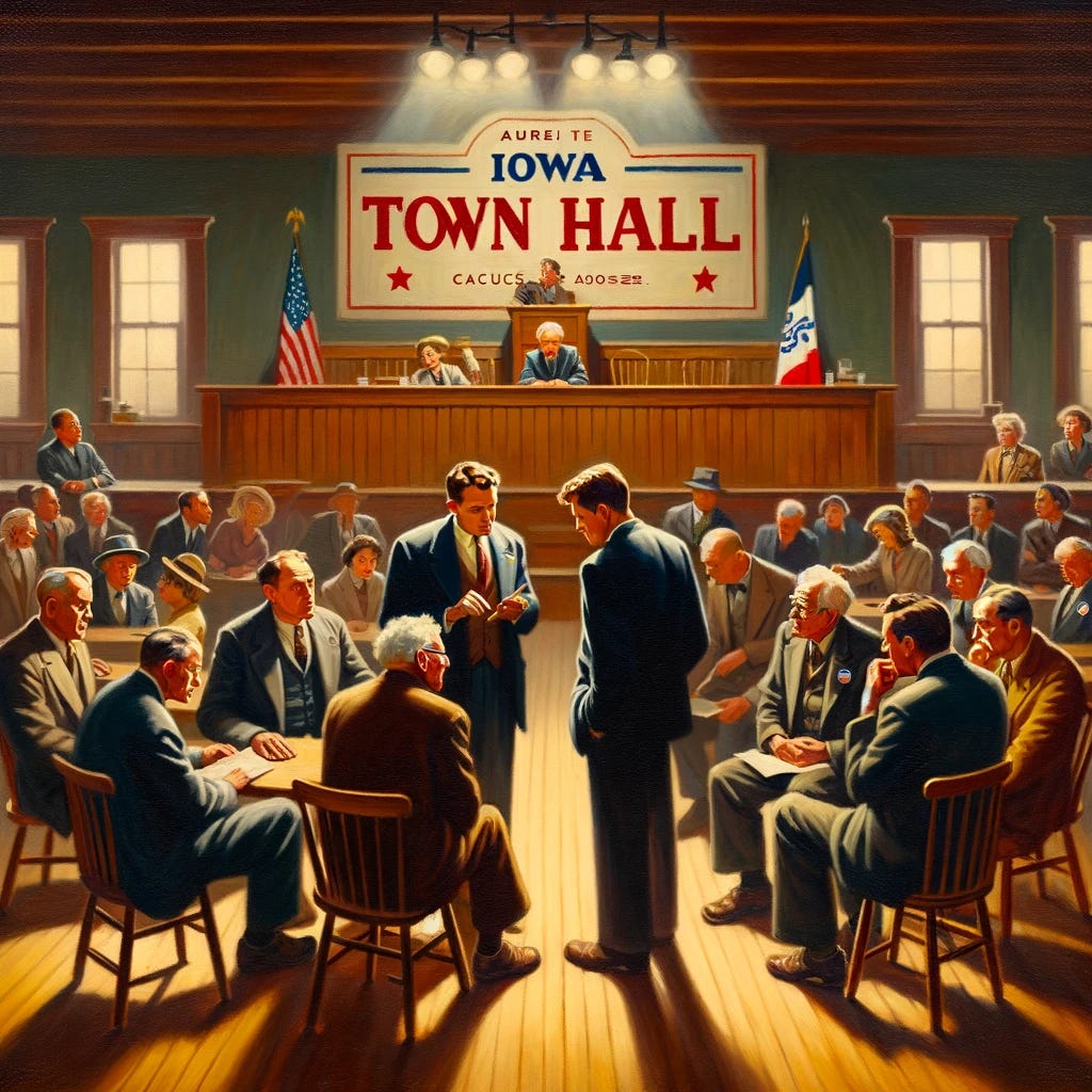 Create an illustration in the style of a 1930s-1940s oil painting for a magazine cover, depicting a political dialogue during the Iowa caucuses, set in a town hall. The scene should feature a small group of characters, possibly two or three, engaged in an intimate political discussion in a town hall setting. The town hall should be characteristic of a rural community, with wooden paneling, a stage, and perhaps a podium. The characters, deeply involved in conversation, might be near the stage or seated in the hall. The focus is on capturing the grassroots and personal nature of political dialogue during the caucus process, with no animals or text in the image.