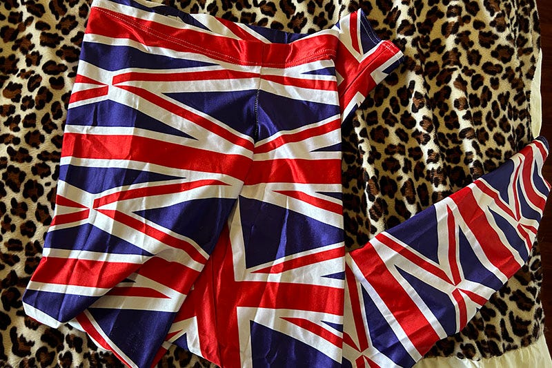 Leggings with the print of the UK flag on them.