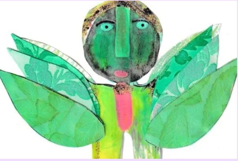 green collage with paint showing rustic angel by judith hannah weiss