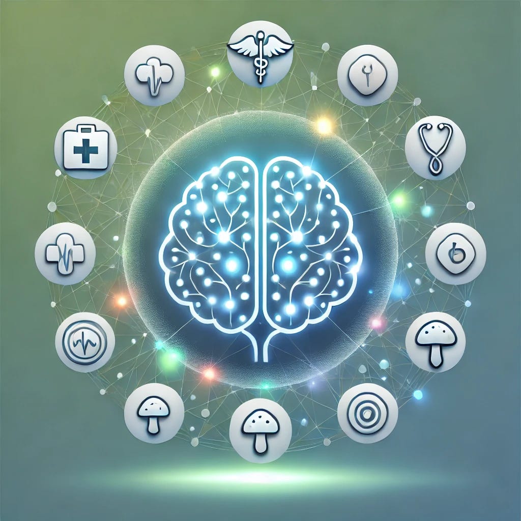 A clean, modern illustration representing psilocybin therapy and mental health recovery for healthcare workers. The image features a symbolic brain with glowing neural connections, signifying mental clarity and healing. Around the brain, include subtle imagery of psilocybin mushrooms in a non-distracting, stylized manner. Integrate healthcare-related icons like a stethoscope or a medical cross to emphasize the connection to frontline workers. Use a calming blue and green color palette to evoke positivity and hope, with a soft gradient background. The overall style should be professional, approachable, and visually engaging.