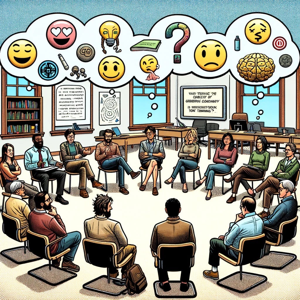A picture in an indie comic book panel-style.  It depicts a college classroom arranged for a faculty discussion. The diverse faculty are seated in a circle, each with thought balloons containing a variety of emojis to reflect their sentiments. The classroom includes typical elements like a whiteboard, windows, and bookshelves in the background.