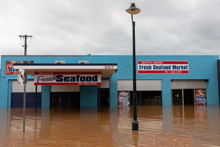 A flooded seafood shop in Lismore