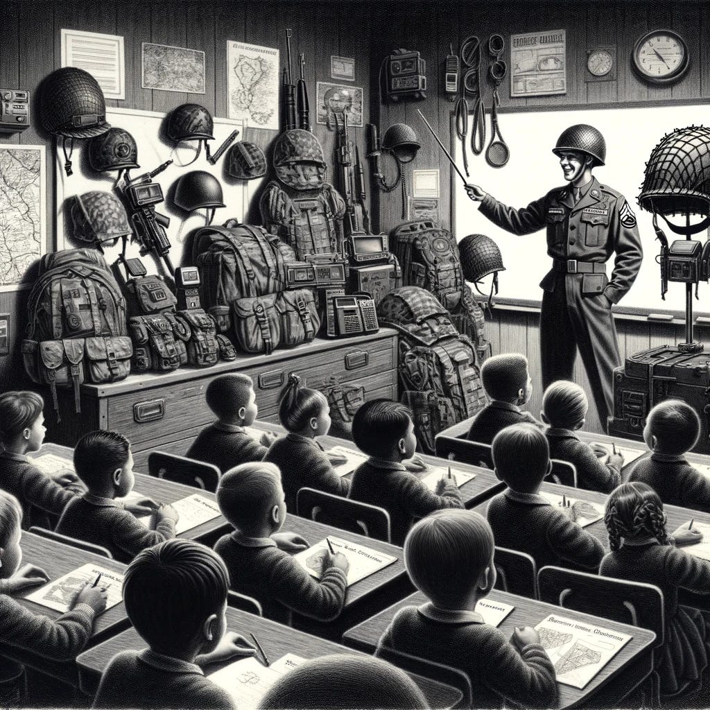 A black and white drawing showcasing an army soldier in full uniform, surrounded by an array of military equipment, teaching a group of eager children inside a classroom. The military equipment includes backpacks, helmets, radios, and maps, carefully displayed around the room to educate the children about the soldier's gear. The children are seated at their desks, with their eyes fixed on the soldier and the equipment, showcasing a mix of curiosity and admiration. The soldier, standing confidently in front of a chalkboard, points to the equipment while explaining its purpose, creating an educational and engaging atmosphere. The classroom environment is rich with educational materials, and the interaction is filled with a sense of learning and respect for the soldier's profession.