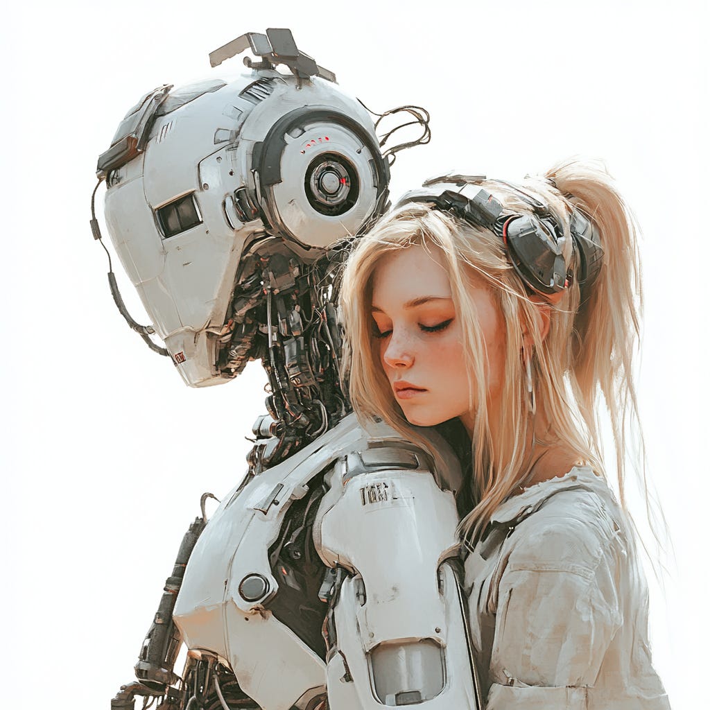 Highly detailed aesthetic. A young woman and a robot. Artistic and stylized with high quality detail, plain colour white background