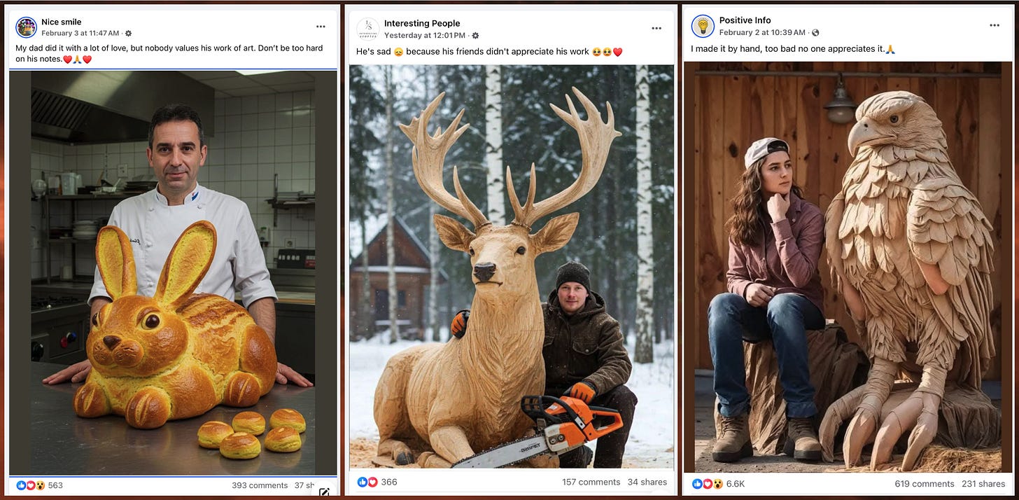 three Facebook posts featuring AI-generated images of various large sculpted items: a loaf of bread shaped like a rabbit, and wooden sculptures shaped like a deer and an eagle