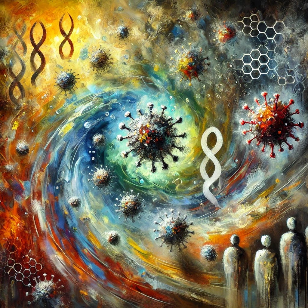 An abstract impressionist oil painting depicting the controversy and complexity of virology as described in the 'No Virus' theory. The painting features swirling and fragmented patterns of light and dark tones to symbolize the divide in scientific thought. Bright splashes of vibrant colours represent the dynamic, evolving definitions of viruses, while shadowy areas evoke questions about methodology and control in science. The composition incorporates blurred, interconnected shapes to suggest microscopic forms, merging with distorted cellular structures. Hints of human silhouettes subtly blend into the background, representing societal and public health implications. The style uses bold, expressive brushstrokes with a blend of warm and cool tones to create depth and emotional intensity.